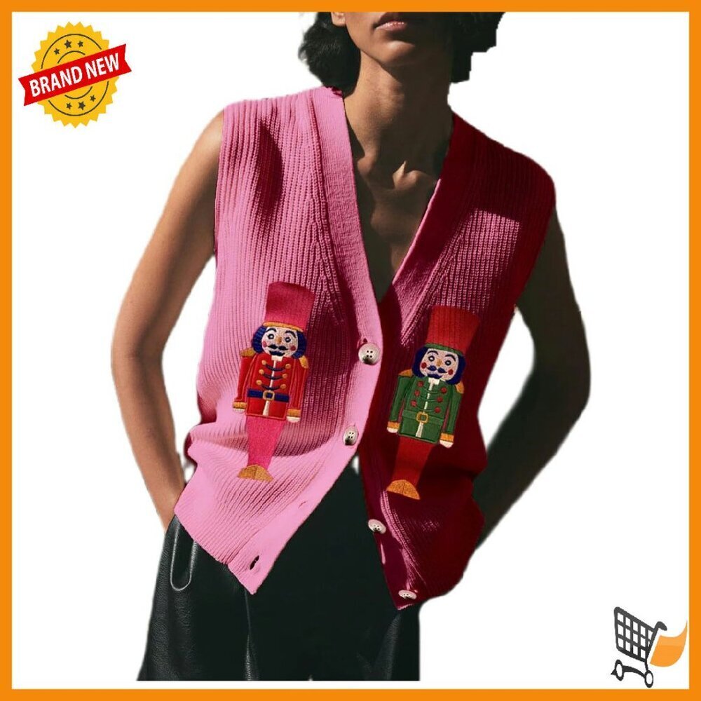 Sequin Holiday Sweater Vest Embroidered Beaded Button Front Crochet